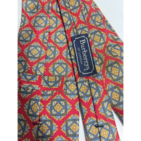 VTG Burberry Red Geometric 100% Silk Necktie Tie Made in USA by Hand - Picture 4 of 5